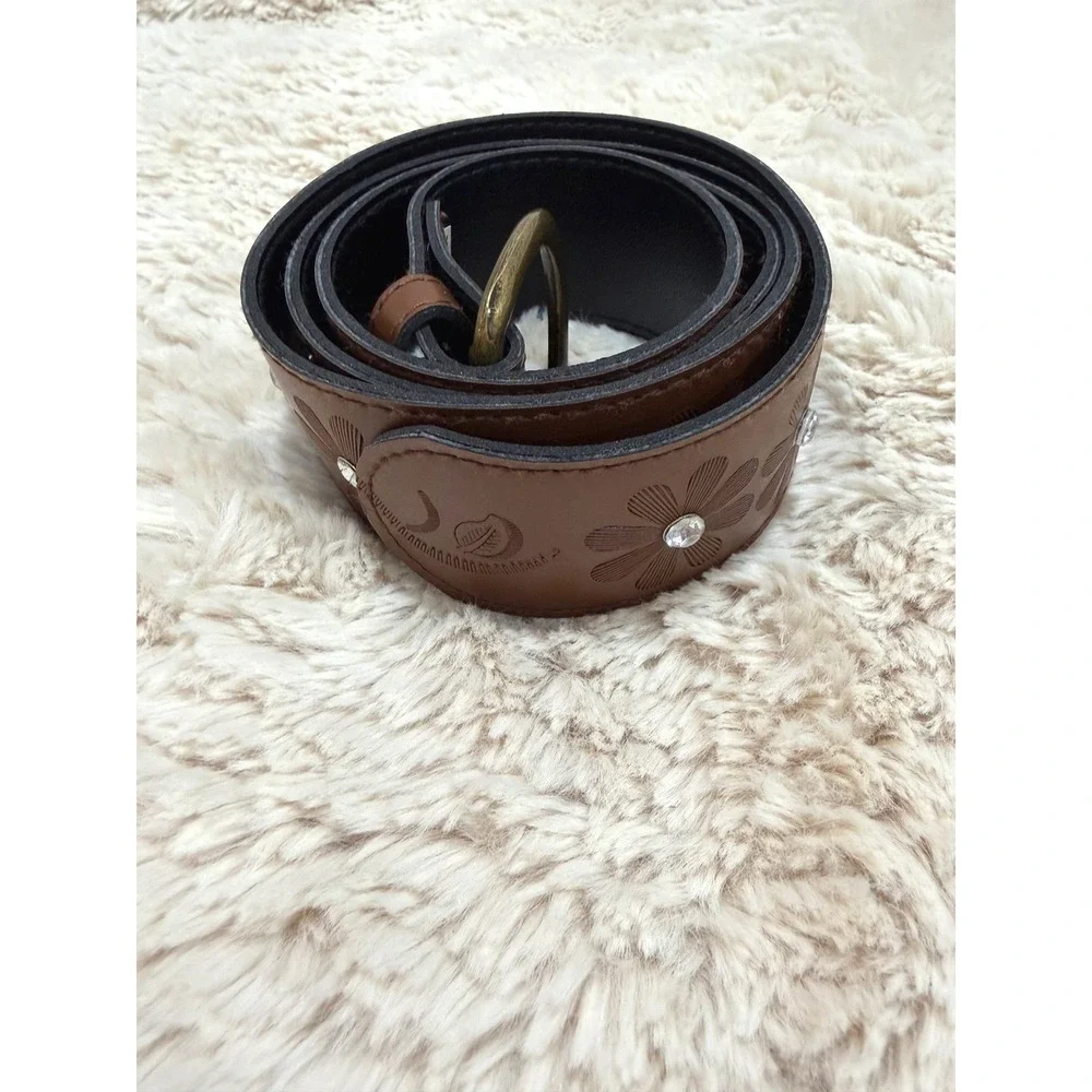 Women Brown Floral Embossed Rhinestone Belt Western Boho Antique Brass Buckle